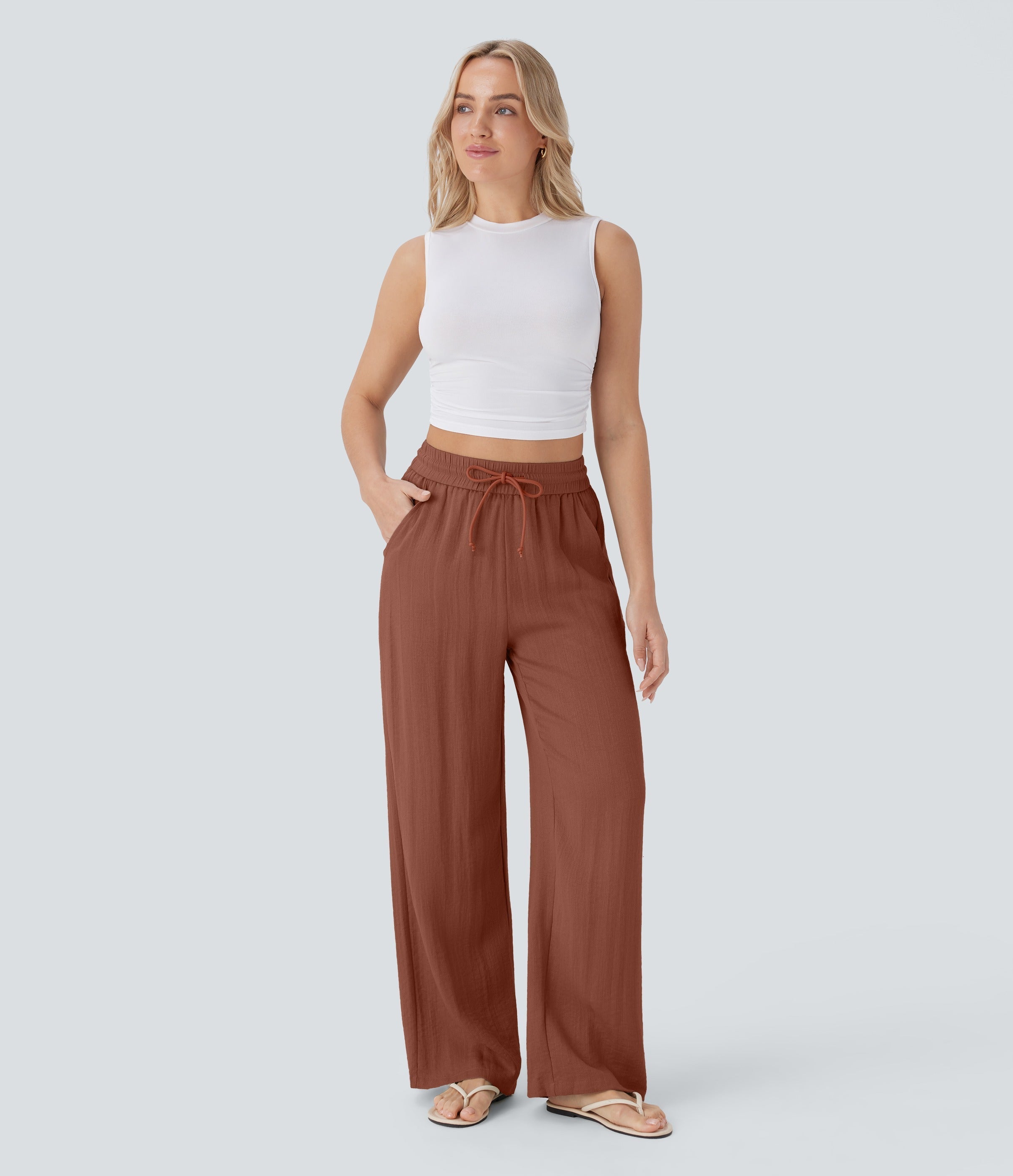 Women Summer High Waisted Drawstring Pocket Wide Leg Casual Linen-Feel Pants