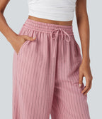 High Waisted Drawstring Wide Leg Stripe Casual Linen-Feel Pants with Pockets