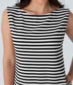 Boat Neck Sleeveless Curved Hem Mini Stripe Waffle Casual Dress with Pockets