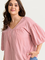 Cotton Striped V-Neck Bubble Sleeve Blouse