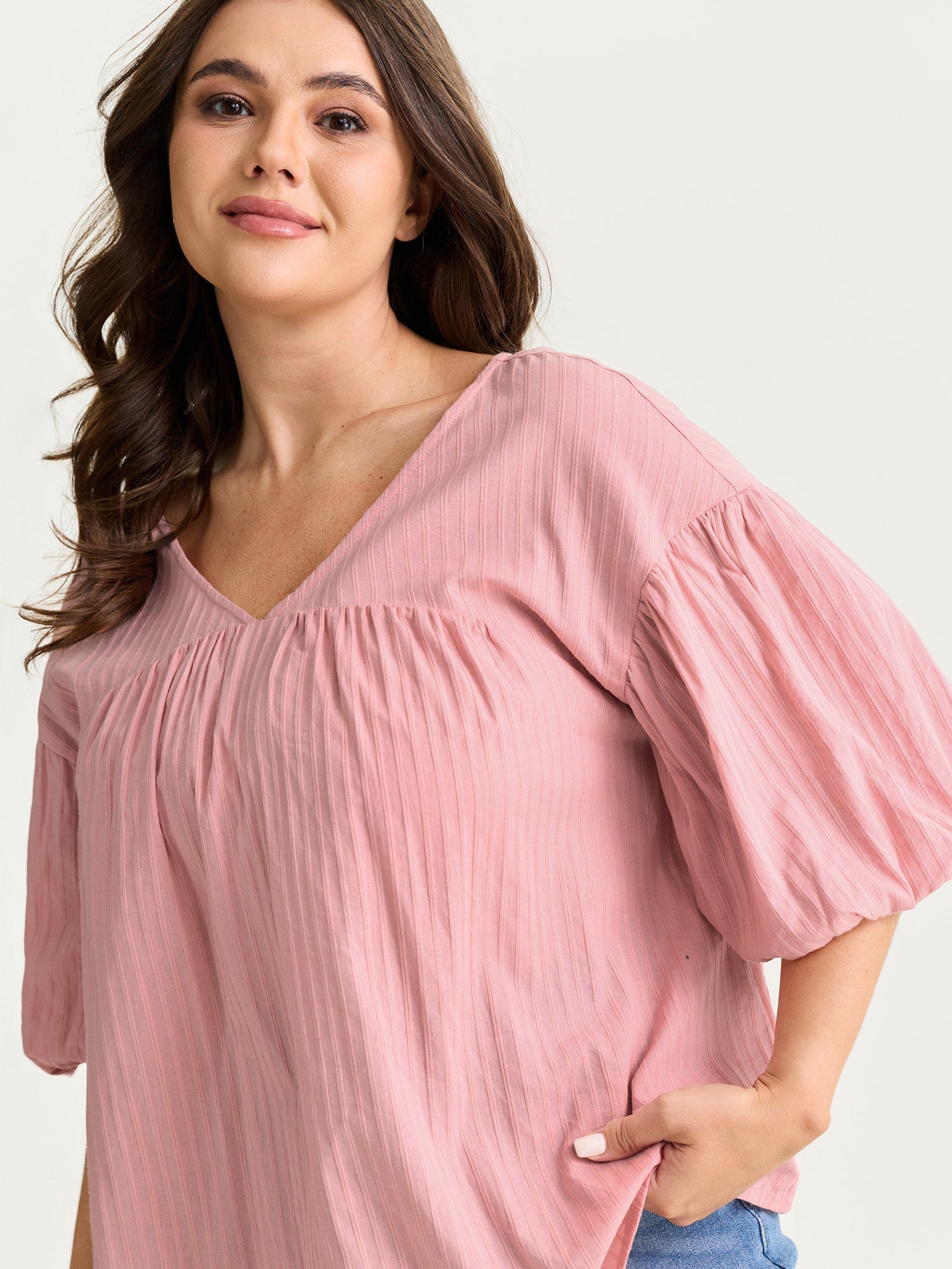 Cotton Striped V-Neck Bubble Sleeve Blouse