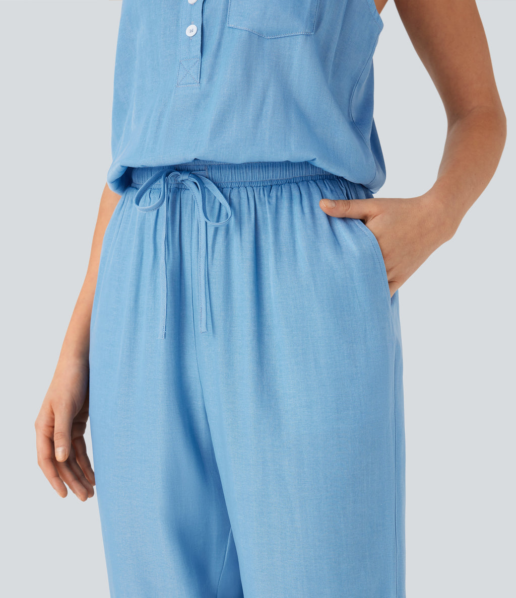 Drawstring Tapered Denim Like Casual Jumpsuit with Pockets