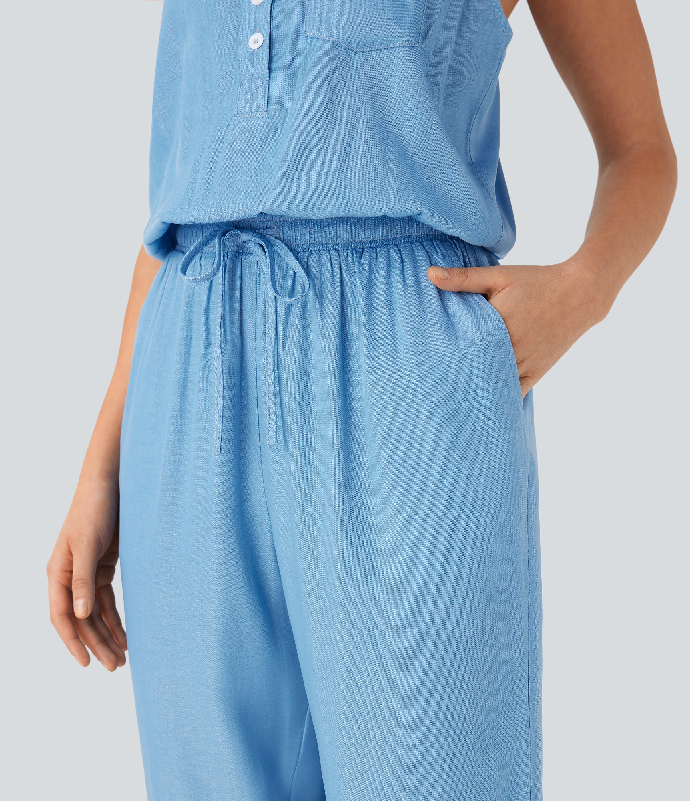 Drawstring Tapered Denim Like Casual Jumpsuit with Pockets