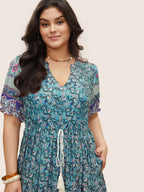 Boho Print Notched Ties Tassel Trim Dress