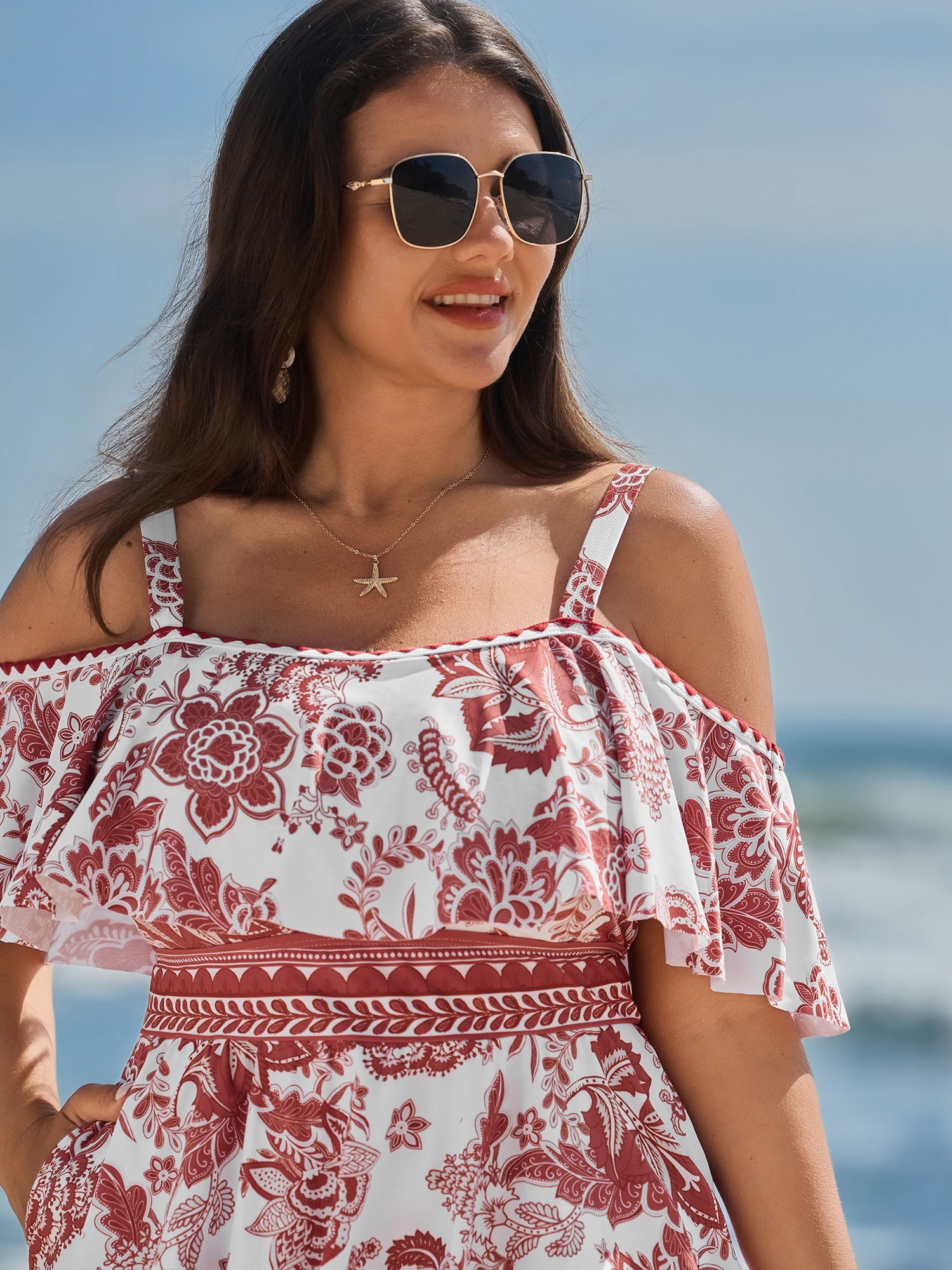 Anti-Float Tie Off-Shoulder Swim Dress