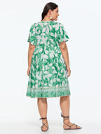 Leaf Print Neck-Tie Flowy Midi Dress