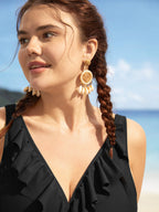 Solid Ruffle Surplice Neck Trim Swim Top