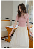 Irregular Neck Knitted Drawstring Shirt + Romantic Skirt