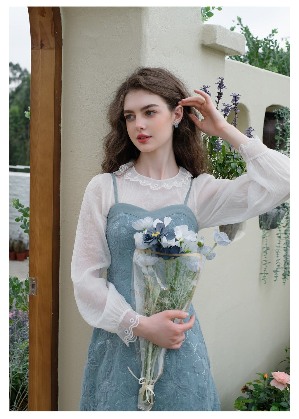 Sheer Chiffon Bottom Top + Floral Denim Pinafore Dress