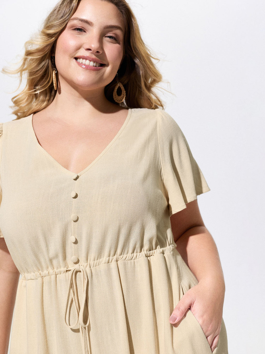 Linen Blend Lace Trim Button Detail Plain Maxi Dress