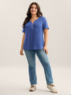 Solid Split Neck Button Detail T-Shirt