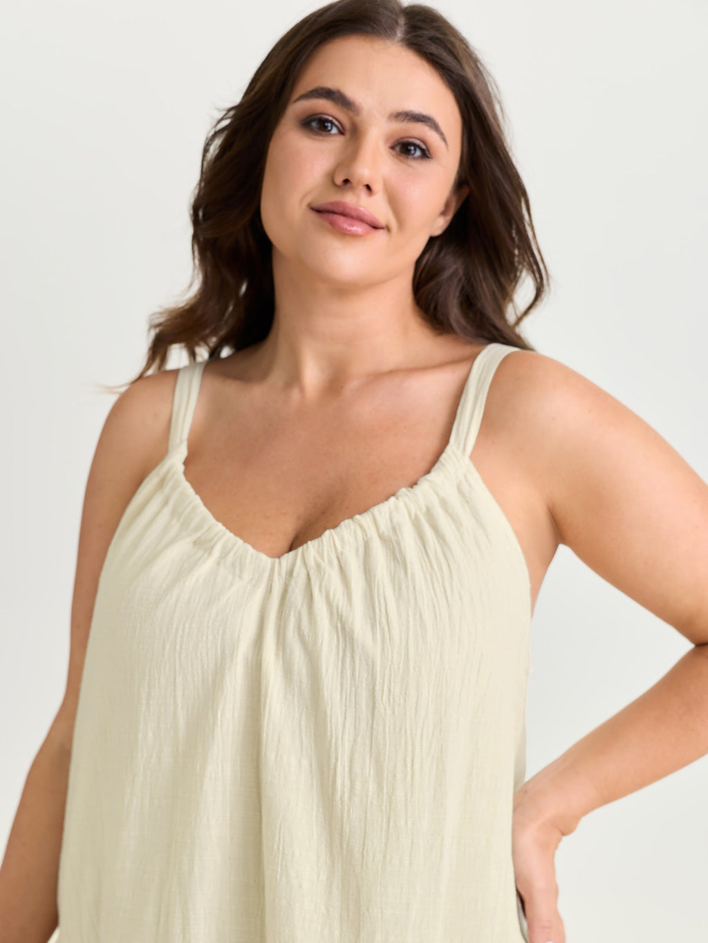 Cotton Linen Ruffled Hem Pleated Neckline Tank Top