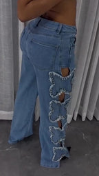 Women Side Cutout Butterfly Print Casual Jeans
