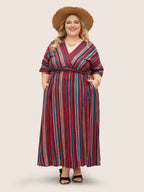 Striped Contrast Dolman Sleeve Shirred Pocket Split Flutter Dress