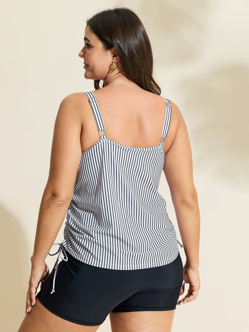Striped Print Drawstring Sides Swim Top