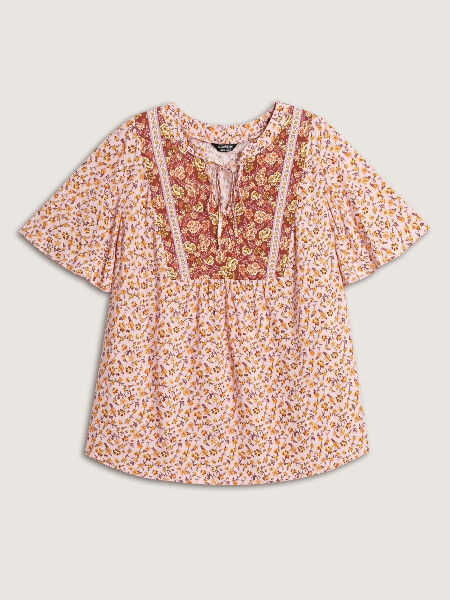 Micro Floral Print Drawstring Neckline Contrast Blouse