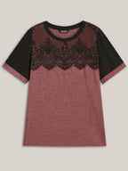 Stretchy Scalloped Lace Color Contrast T-Shirt