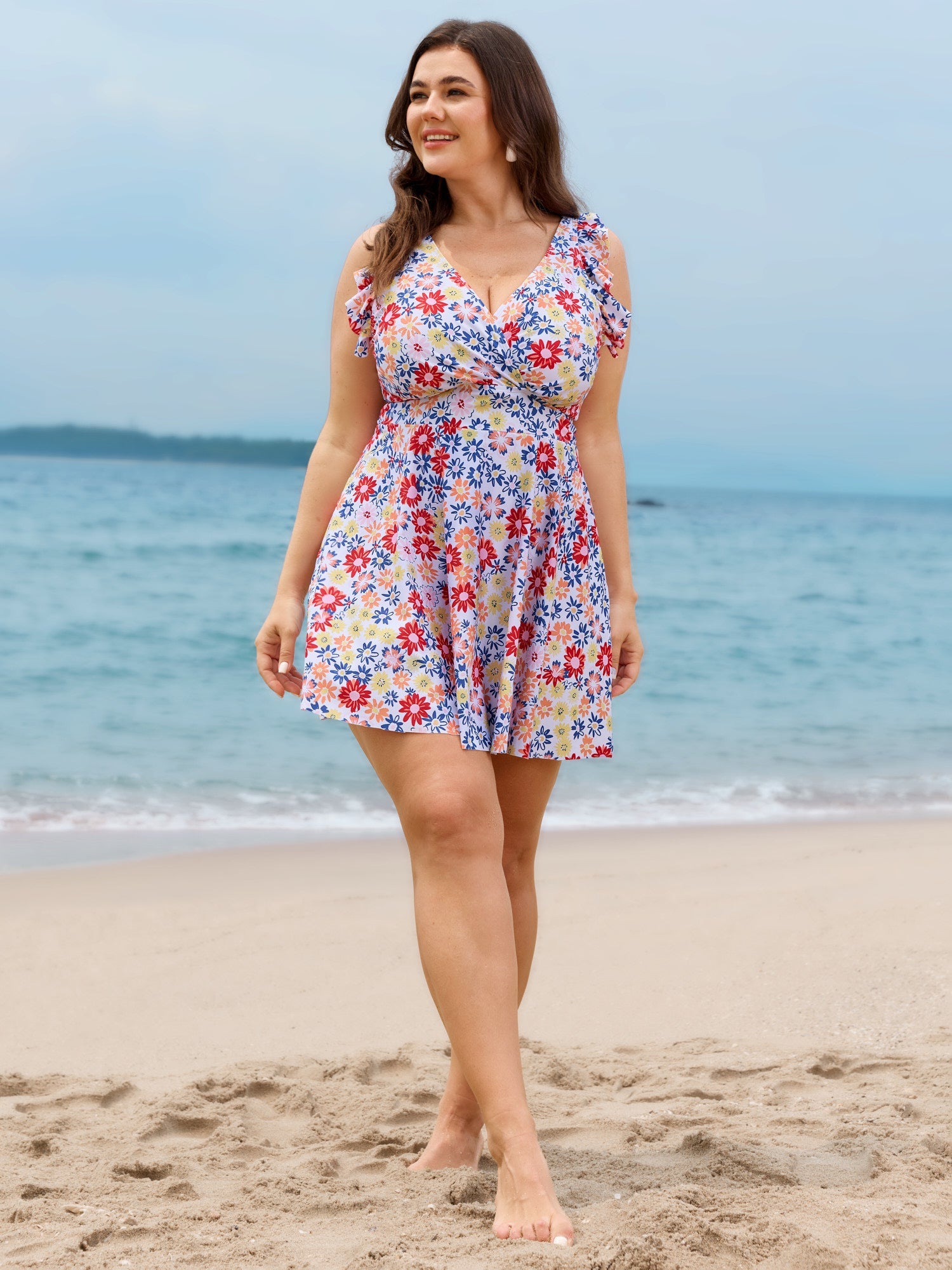 Anti-Float Tie Ruffled Floral Swim Dress