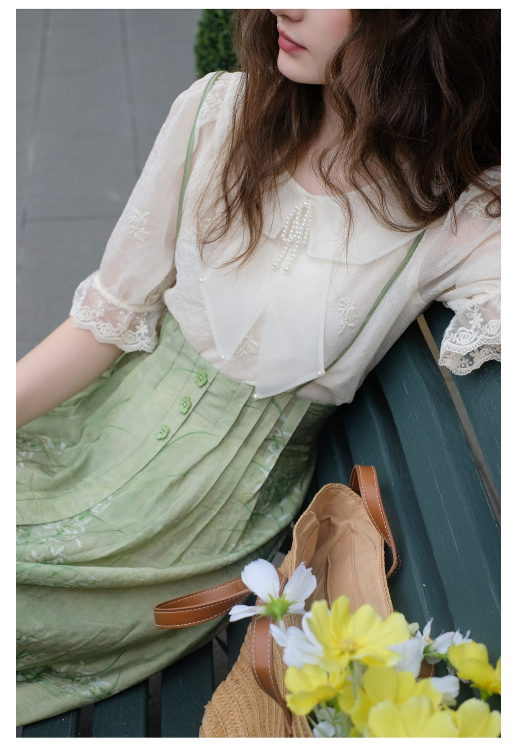 Embroidered Chiffon Shirt + High Waist Pinafore Skirt