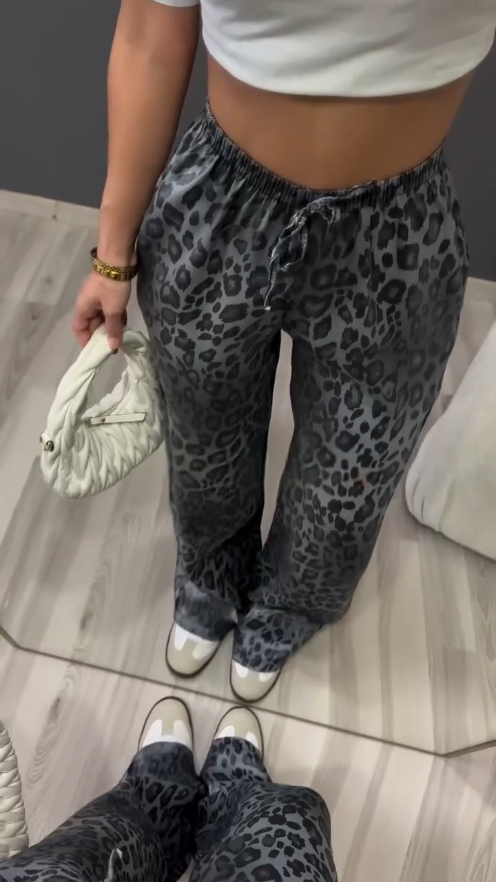 Women's Straight Leopard Print Satin Casual Pants