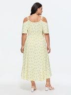 Ditsy Floral Pocket Wrap Cold Shoulder Ruffle Dress