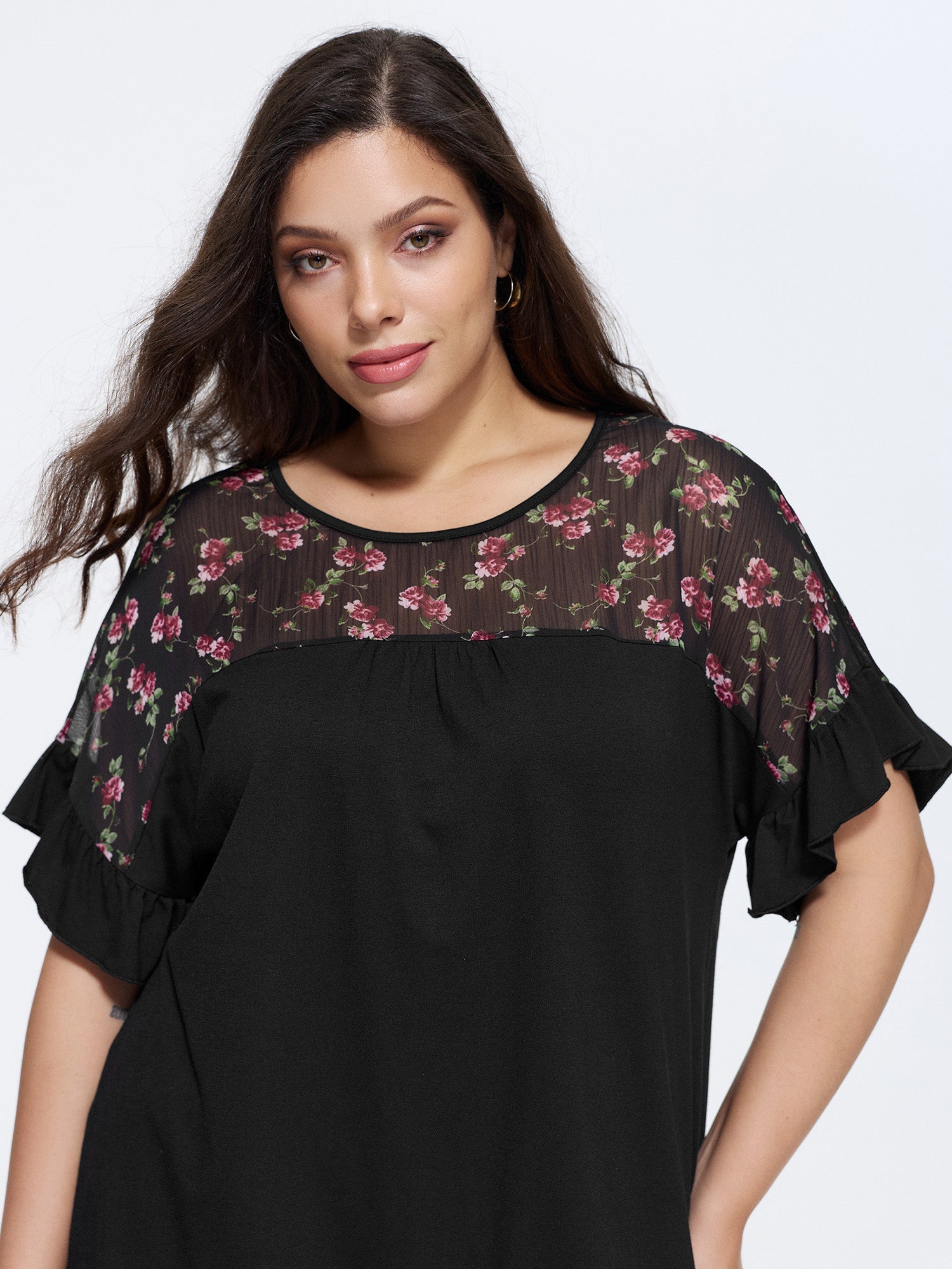 Sheer Floral Print Contrast Knit Top