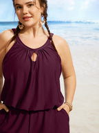 Solid Keyhole Elastic Waist Gathered One Piece Swimsuit
