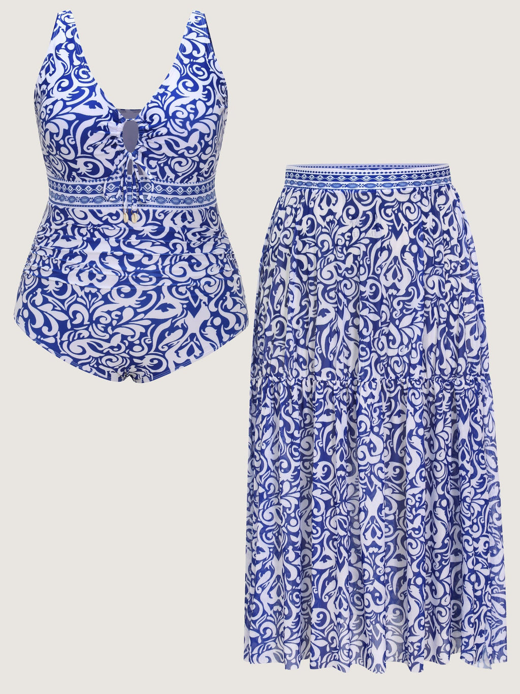 Sarong Set Geometric Print Mesh One-Piece Swim