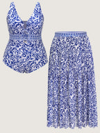 Sarong Set Geometric Print Mesh One-Piece Swim