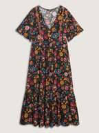 Rayon Floral Lace Trim Button Maxi Dress
