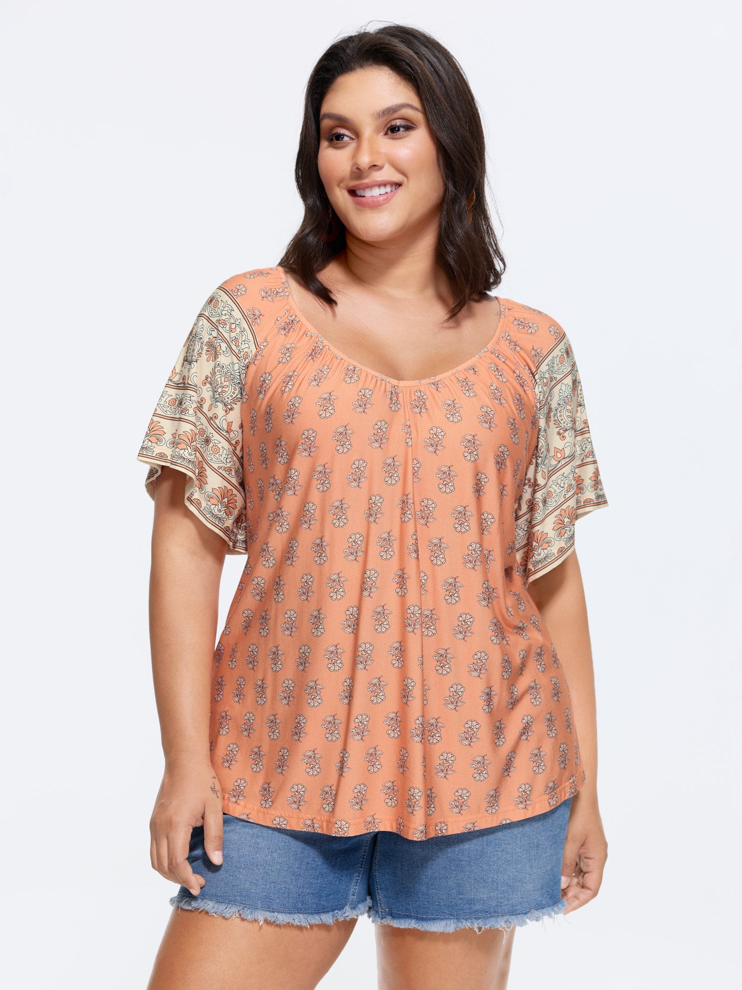 Supersoft Floral Print Flared Sleeve Pleated Knit Top