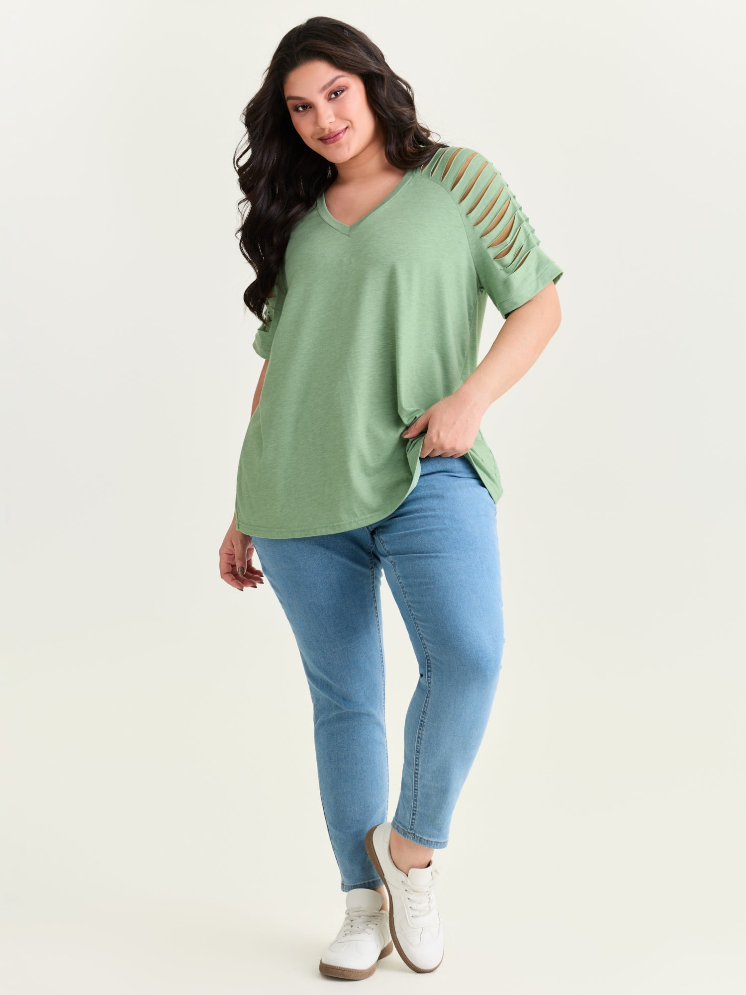 Cut-Out Sleeve V Neck T-Shirt