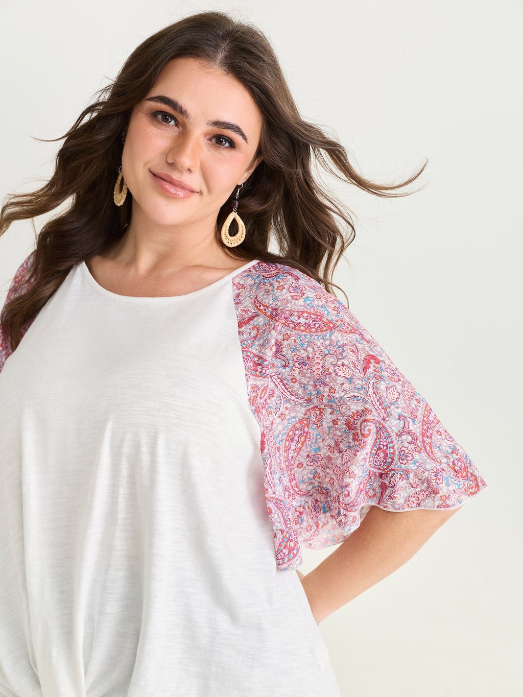 Cotton Floral Print Color Contrast Flared Sleeve T-Shirt