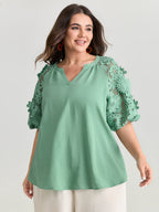 3D Floral Sleeve Spliced Flowy Blouse
