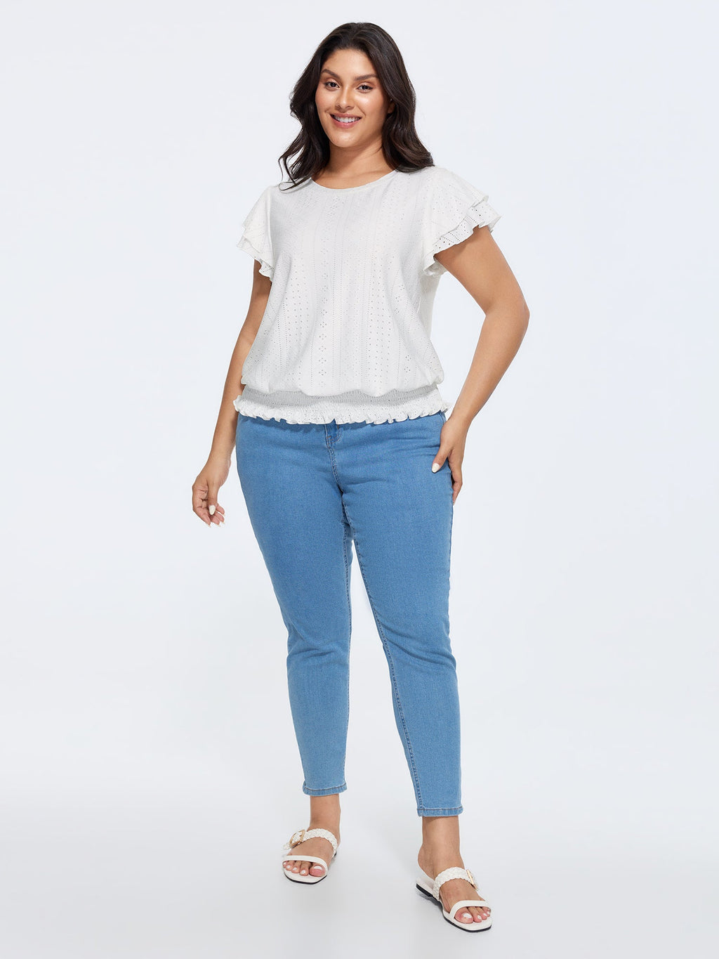 Shirred Hem Eyelet Textured T-Shirt