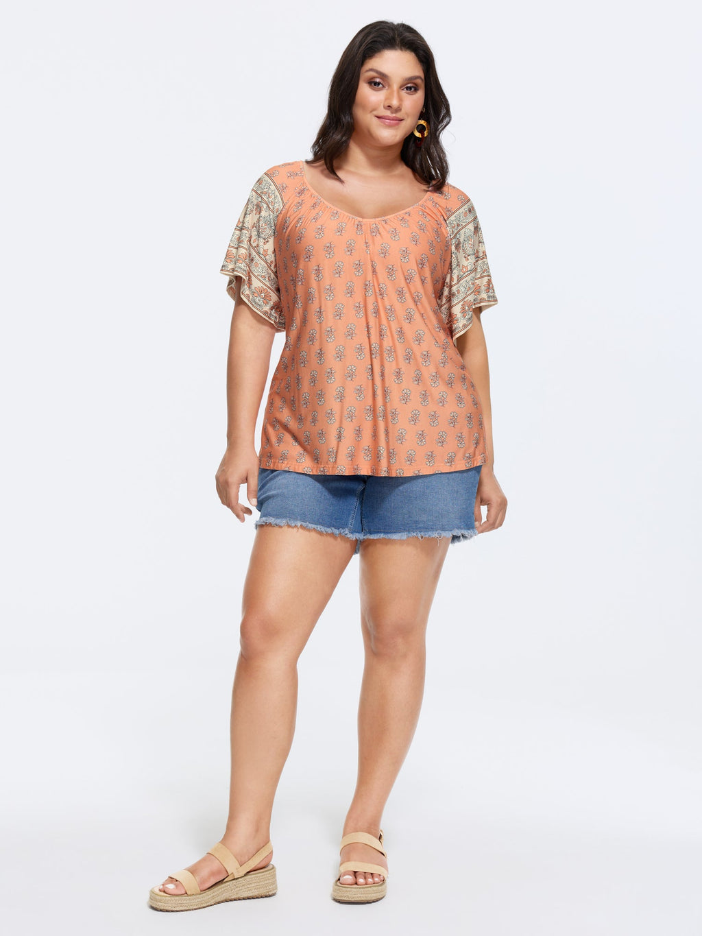 Supersoft Floral Print Flared Sleeve Pleated Knit Top