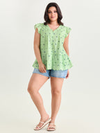 Cotton Anchor Print Lace Ruffled Sleeve Blouse