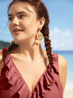 Solid Ruffle Surplice Neck Trim Swim Top