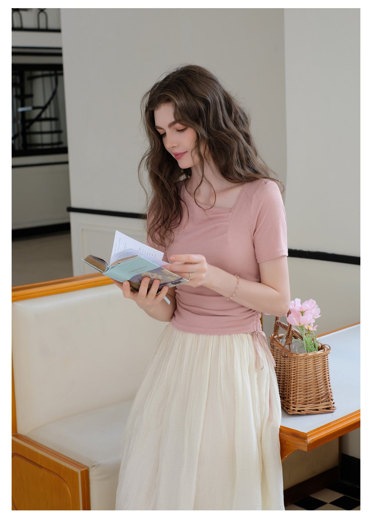 Irregular Neck Knitted Drawstring Shirt + Romantic Skirt