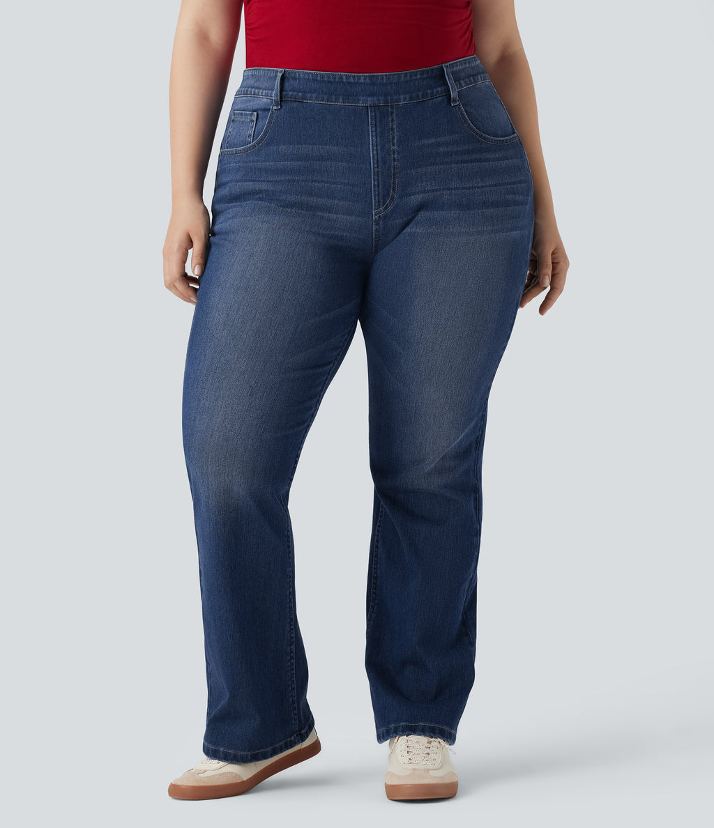 Plus Size FlexTM High Waisted Washed Casual Bootcut Jeans with Pockets