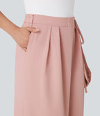 High Waisted Tie Side Wide Leg Work Pants with Pockets