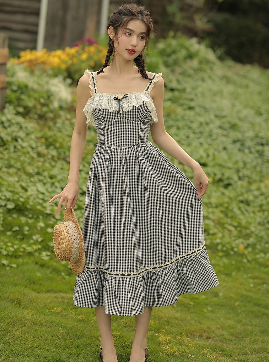 Black Lace Boned Corset + Lace Checkered Slip Dress