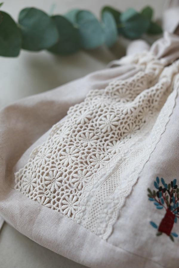 Embroidered Linen Bag With Drawstring