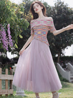 Dreamy Off Shoulder Knitted Top + Tulle Skirt 2pcs Set