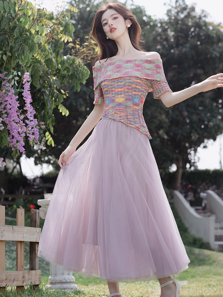 Dreamy Off Shoulder Knitted Top + Tulle Skirt 2pcs Set