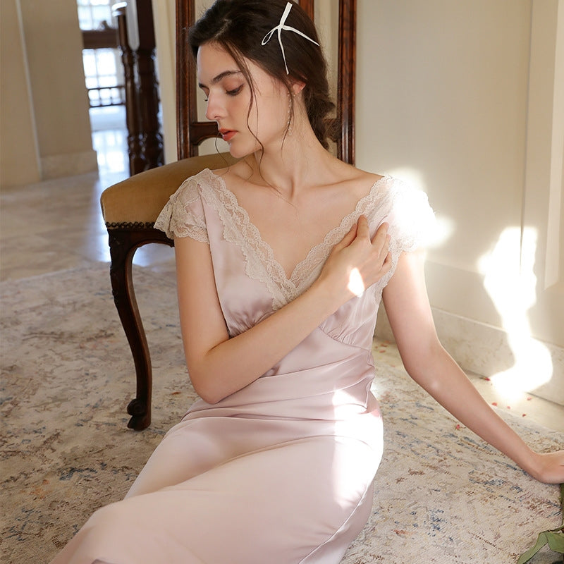 V Neck Lace Sleep Gown