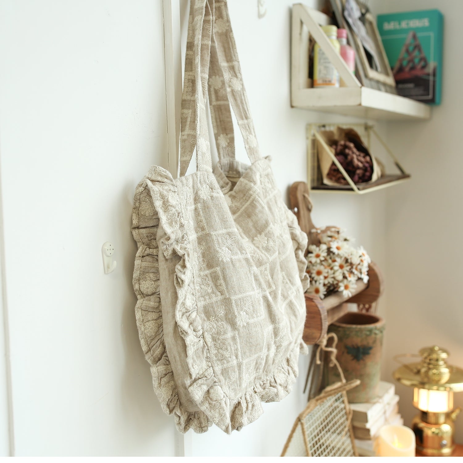 Linen Lace Frilled Embroidered Bag
