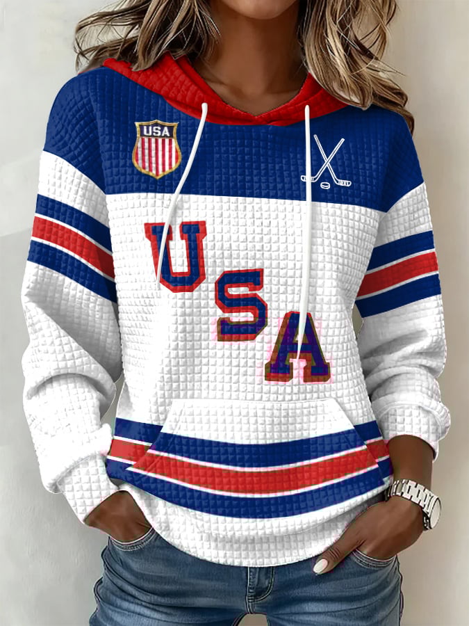 Retro USA Ice Hockey Print Hoodie