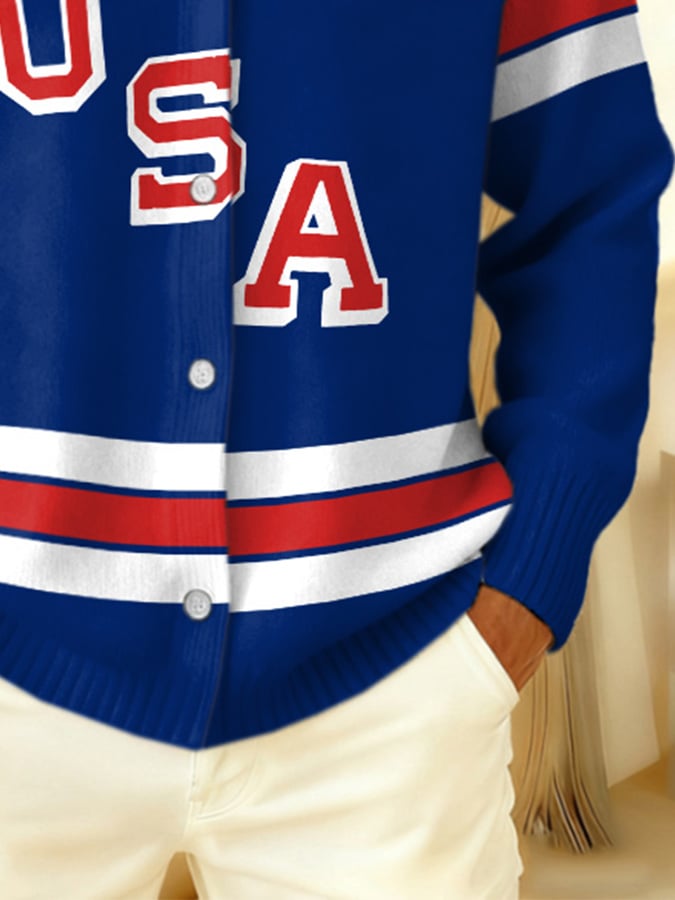 Retro Men's Usa Ice Hockey Print Knitted Tops