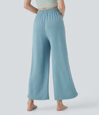 High Waisted Drawstring Curved Hem Straight Leg Yoga Pants with Pockets